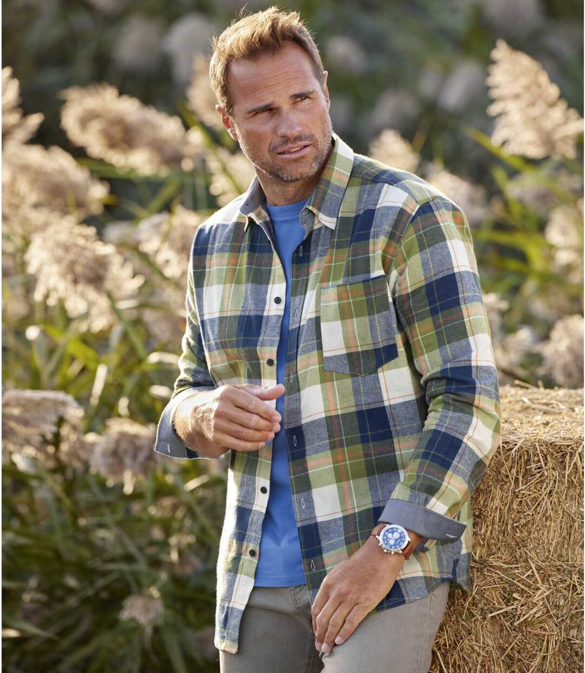 Men's Checked Flannel Shirt - Navy Green White Atlas For Men