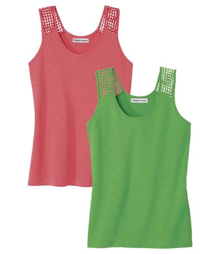 Pack of 2 Women's Macramé Vest Tops - Pink Green