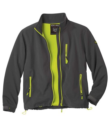 Men's Grey Full Zip Soft Shell Jacket - Water-Repellent - Green Microfleece Lining