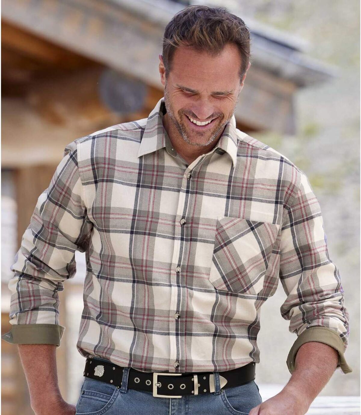 Men's Beige Checked Flannel Shirt Atlas For Men