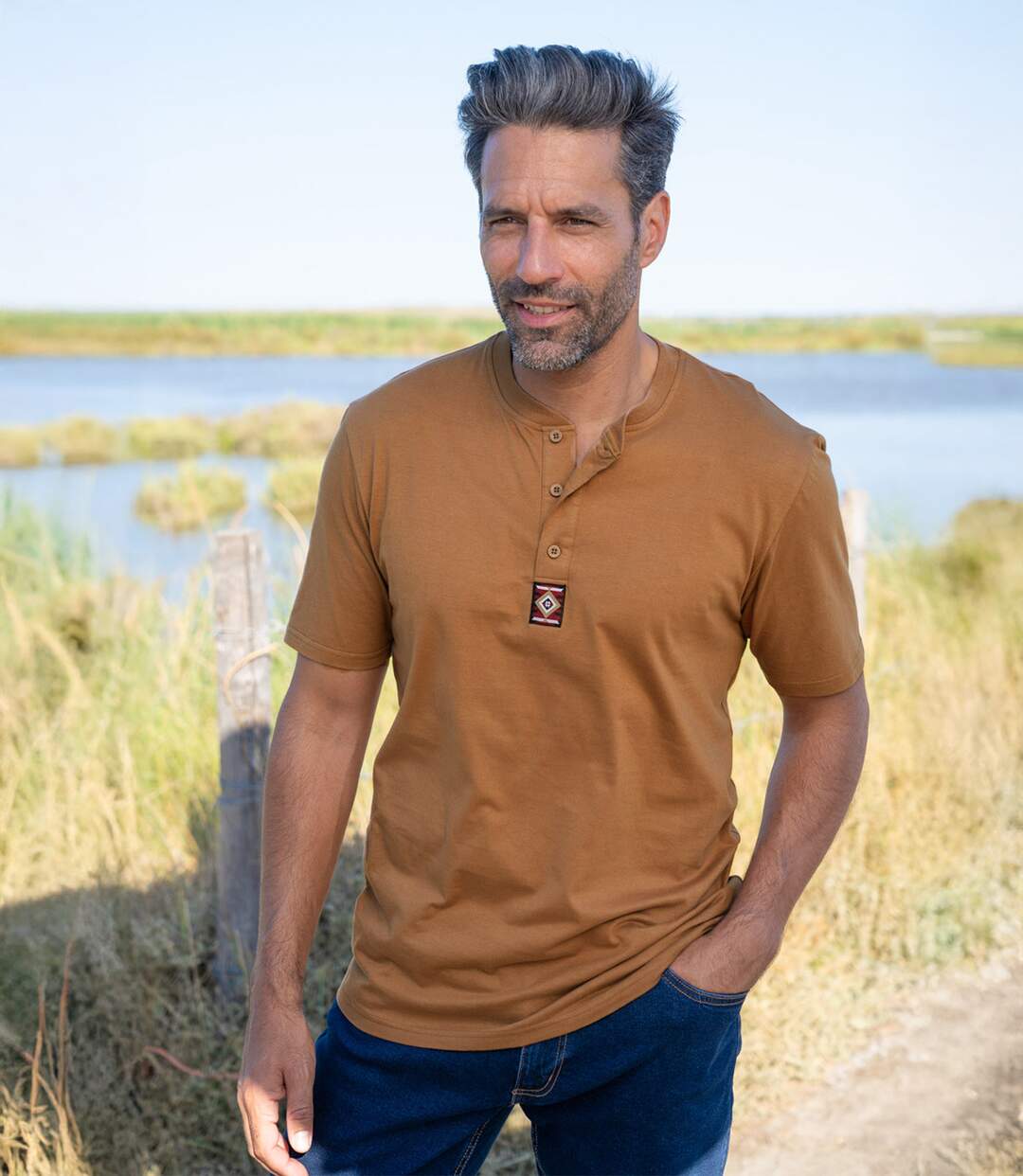 Set van 3 effen T-shirts met Henley kraag