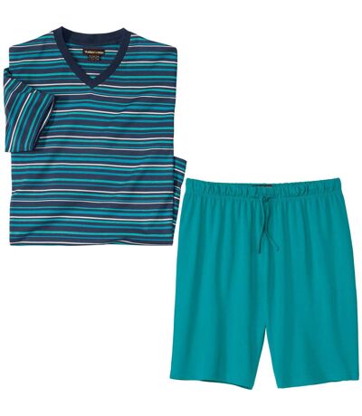 Men's Teal Striped Pyjama Short Set