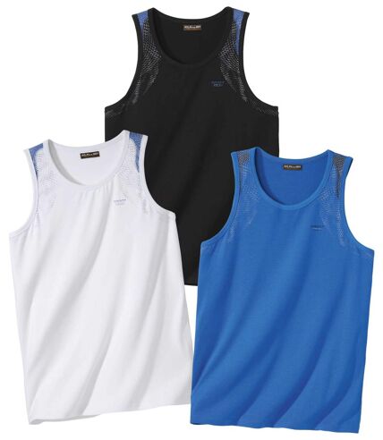 Pack of 3 Men's Beach Sports Vests - Black White Blue