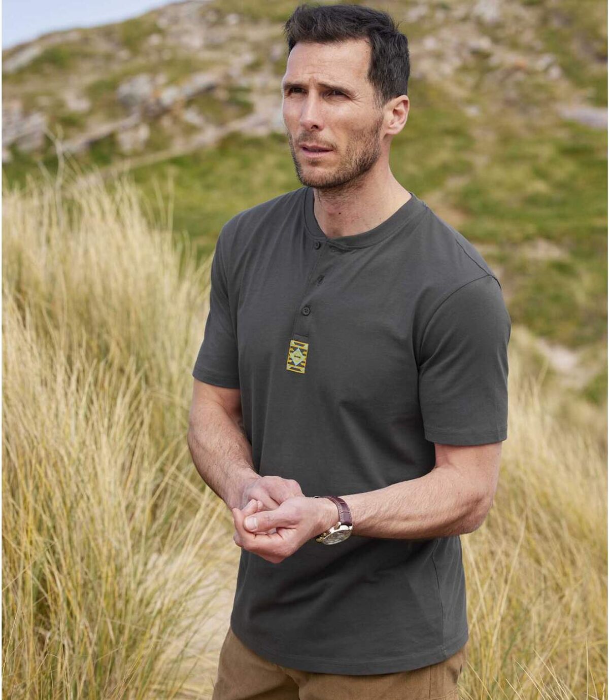 Pack of 3 Men's Button-Neck T-Shirts - Blue Anthracite Yellow  Atlas For Men