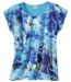 Tee-Shirt Femme Bleu Bi-Matière à Motif Maxi-Fleurs
