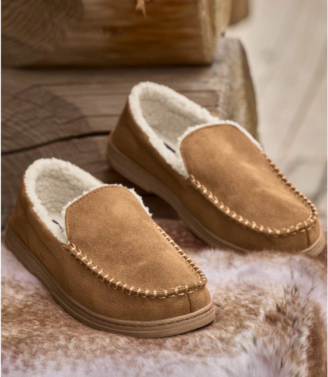 Men's Camel Sherpa-Lined Faux-Suede Slippers