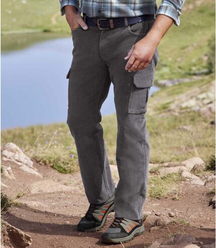 Men's Grey Corduroy Cargo Trousers - Elasticated Waist 