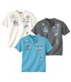 Pack of 3 Men's Printed T-Shirts - Ecru Anthracite Turquoise Atlas For Men