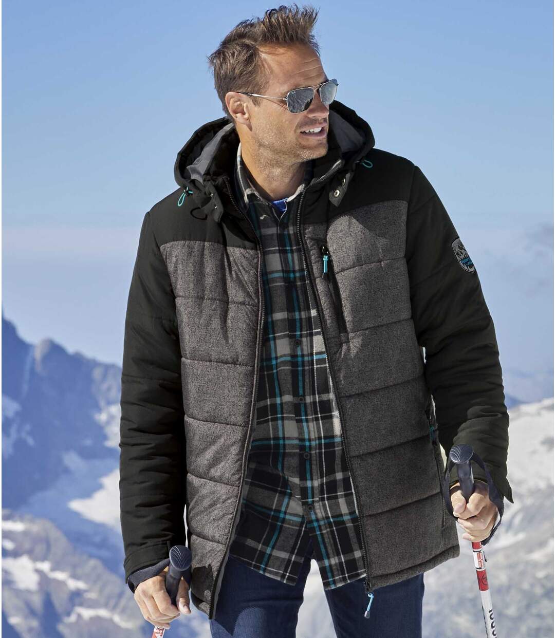 Men's Gray & Black Active-Utility Puffer Jacket with Hood - Water-Repellent - Full Zip Atlas For Men