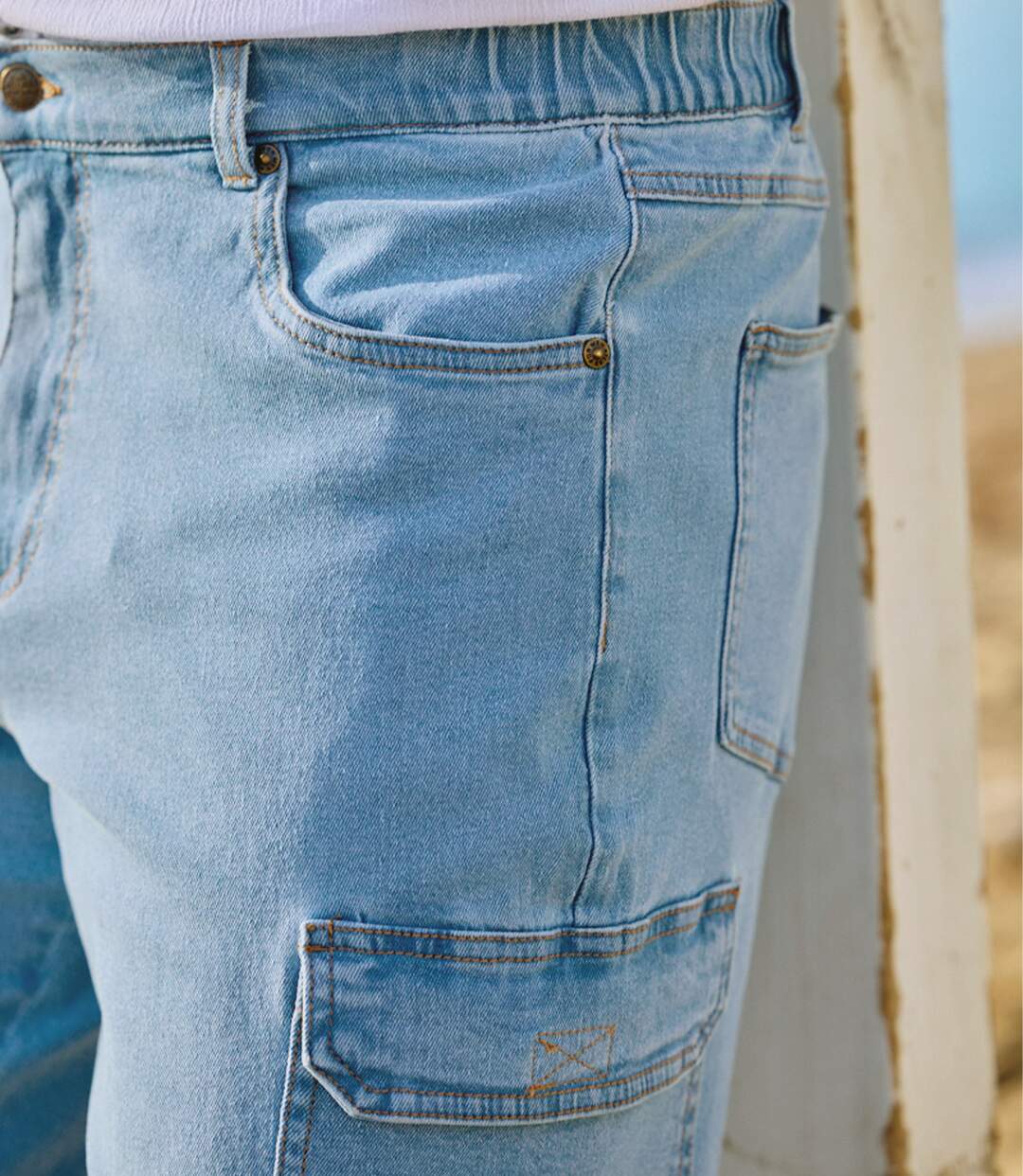 Men's Blue Stretchy Denim Cargo Shorts-2