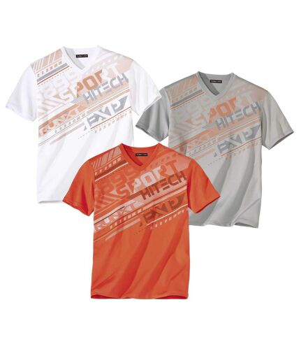 Pack of 3 Men's Graphic Print V-Neck T-Shirts - Grey White Orange