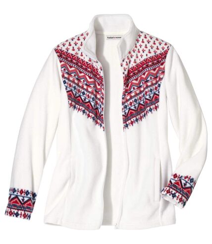 Women's White Patterned Fleece Jacket with Full Zip
