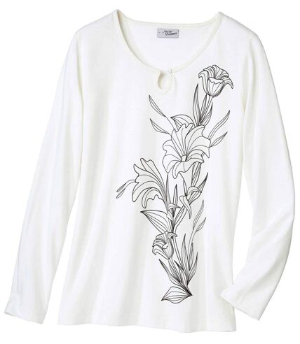 Women's Off-White Floral Pattern Long-Sleeve Top