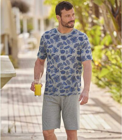 Men's Tropical Print Pyjama Short Set - Light Grey