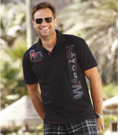 Men's Printed Jersey Polo Shirt - Black with Gray and Coral Details
