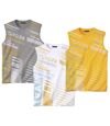 Pack of 3 Men's Sporty Graphic Print Vests - Grey White Yellow  Atlas For Men