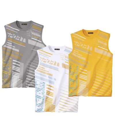 Pack of 3 Men's Sporty Graphic Print Vests - Grey White Yellow 