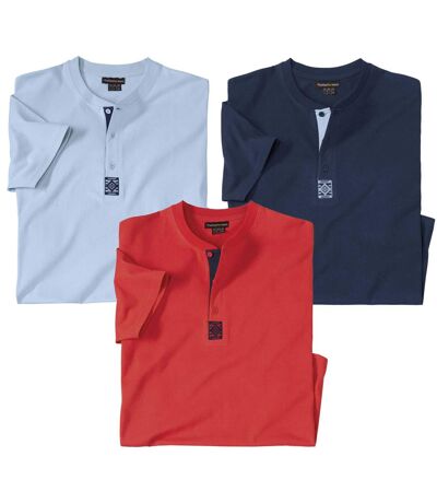 Pack of 3 Men's Button-Neck T-Shirts - Blue Navy Coral 