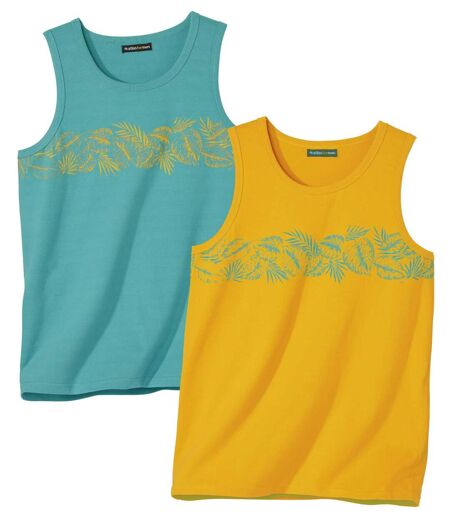 Pack of 2 Men's Graphic Print Beach Tank Tops - Yellow Turquoise