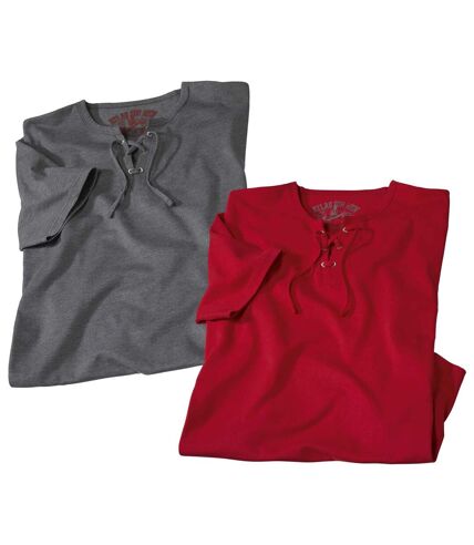 Pack of 2 Men's Lace-Up Neckline T-Shirts - Grey Red