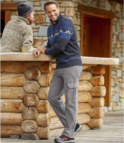Men's Grey Corduroy Cargo Trousers - Elasticated Waist