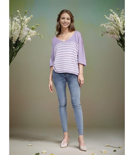 Pull femme rayé - Pull col en V - Manches 3/4 - Couleur violet