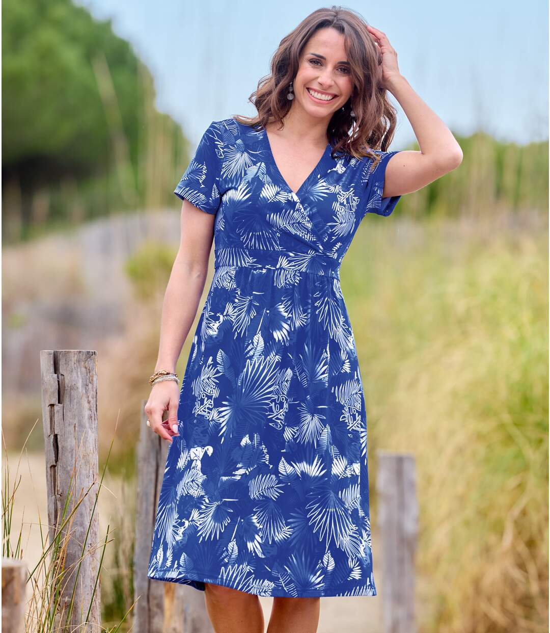 Women's Blue Printed Wrap Dress 