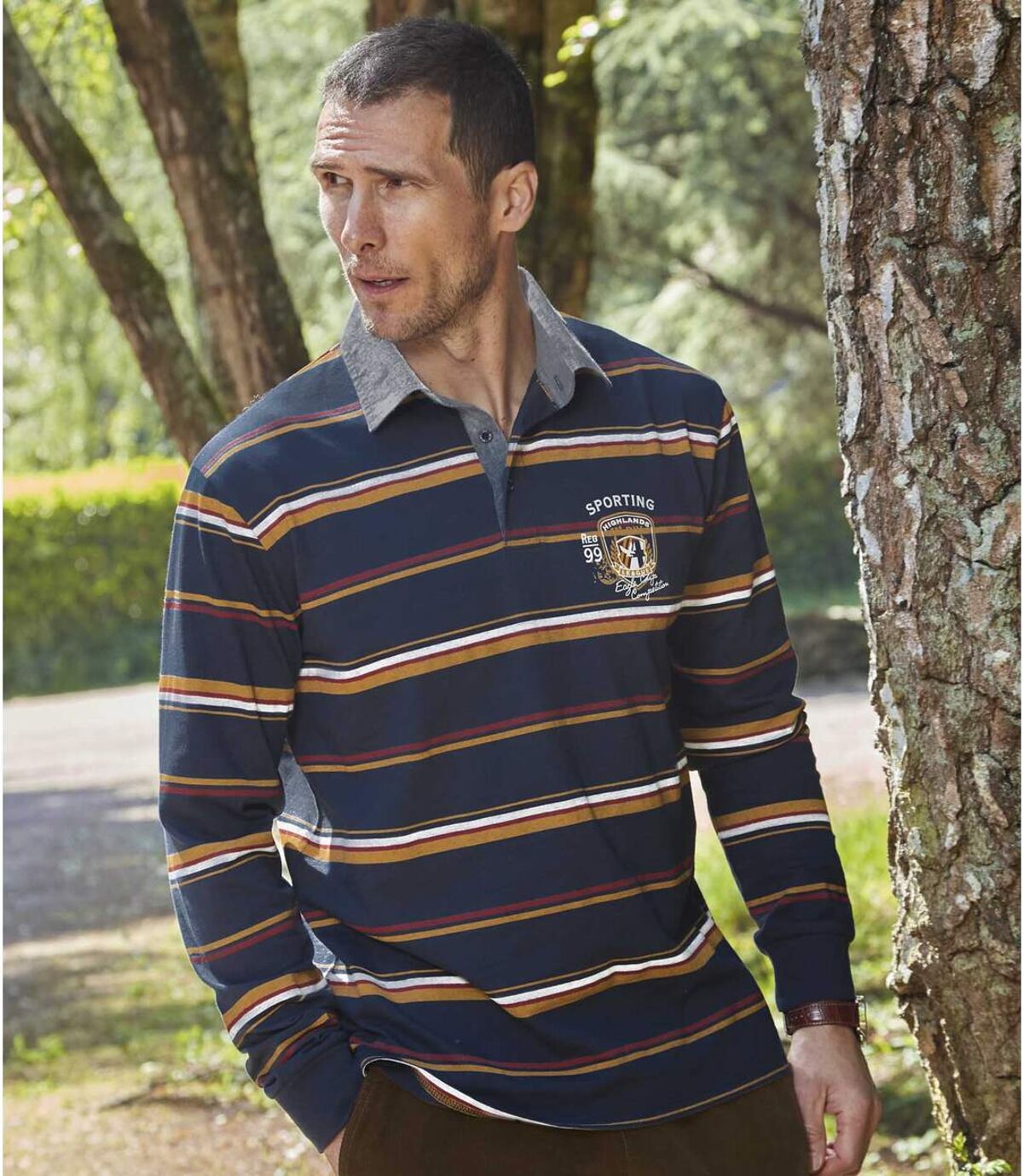 Men's Striped Long-Sleeved Polo Shirt - Navy, Ochre Atlas For Men