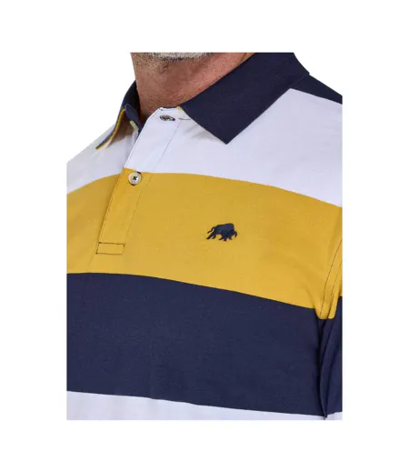Mens Stripe Jersey Polo Shirt Navy White Yellow Raging Bull