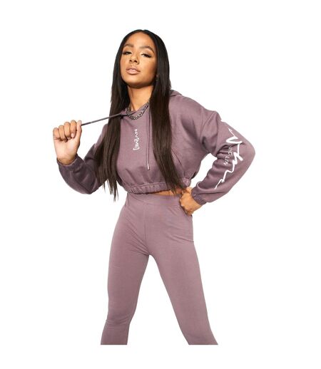 Womens/ladies crew neck crop hoodie charcoal mauve NVME