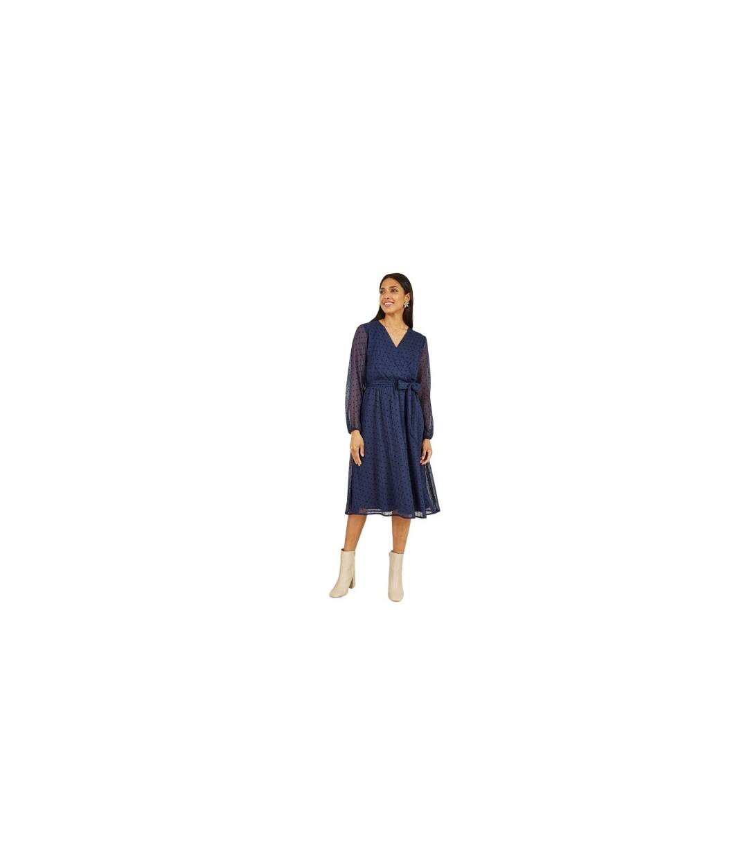 Womens/ladies Dobby Spotted Wrap Dress Navy Mela London-1