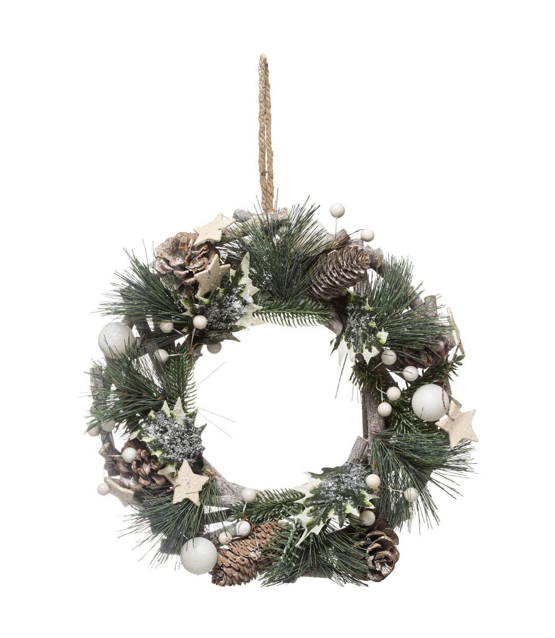 Couronne de noël à suspendre en bois avec boules et pommes de pin - Diamètre 32 cm - Vert, Blanc et Marron-1