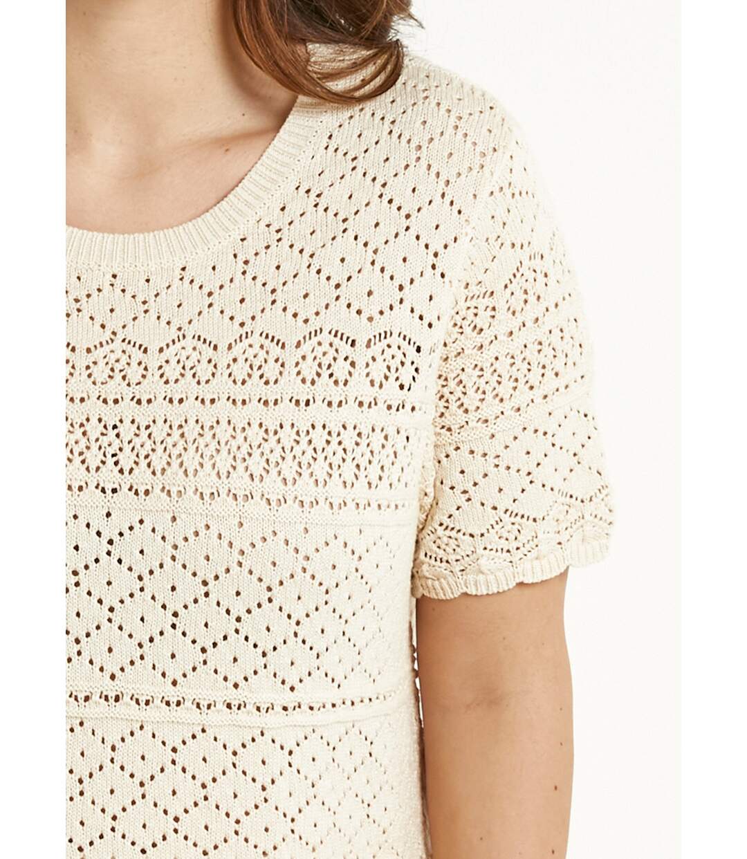 Pull manches courtes blousant ajouré col rond-4