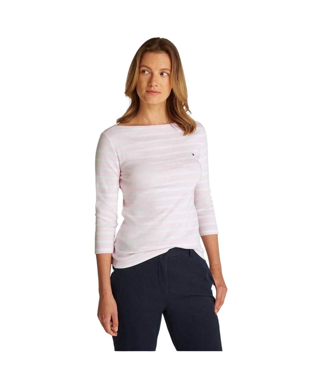 Womens/ladies Striped Boat Neck Slim T-shirt Pink Oat Tommy Hilfiger-4