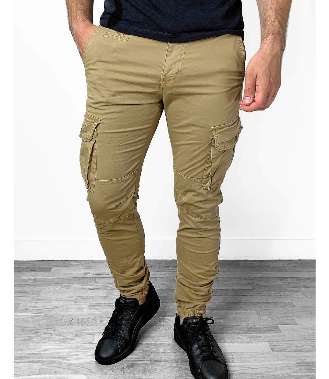 Pantalon slim beige camel à poches cargo et élastique ...