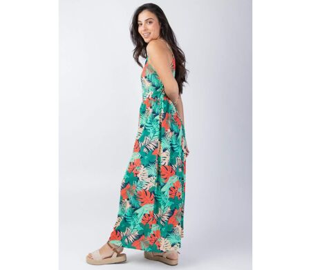 Robe longue fluide AMYNA fines bretelles imprimé tropical vert Coton Du Monde