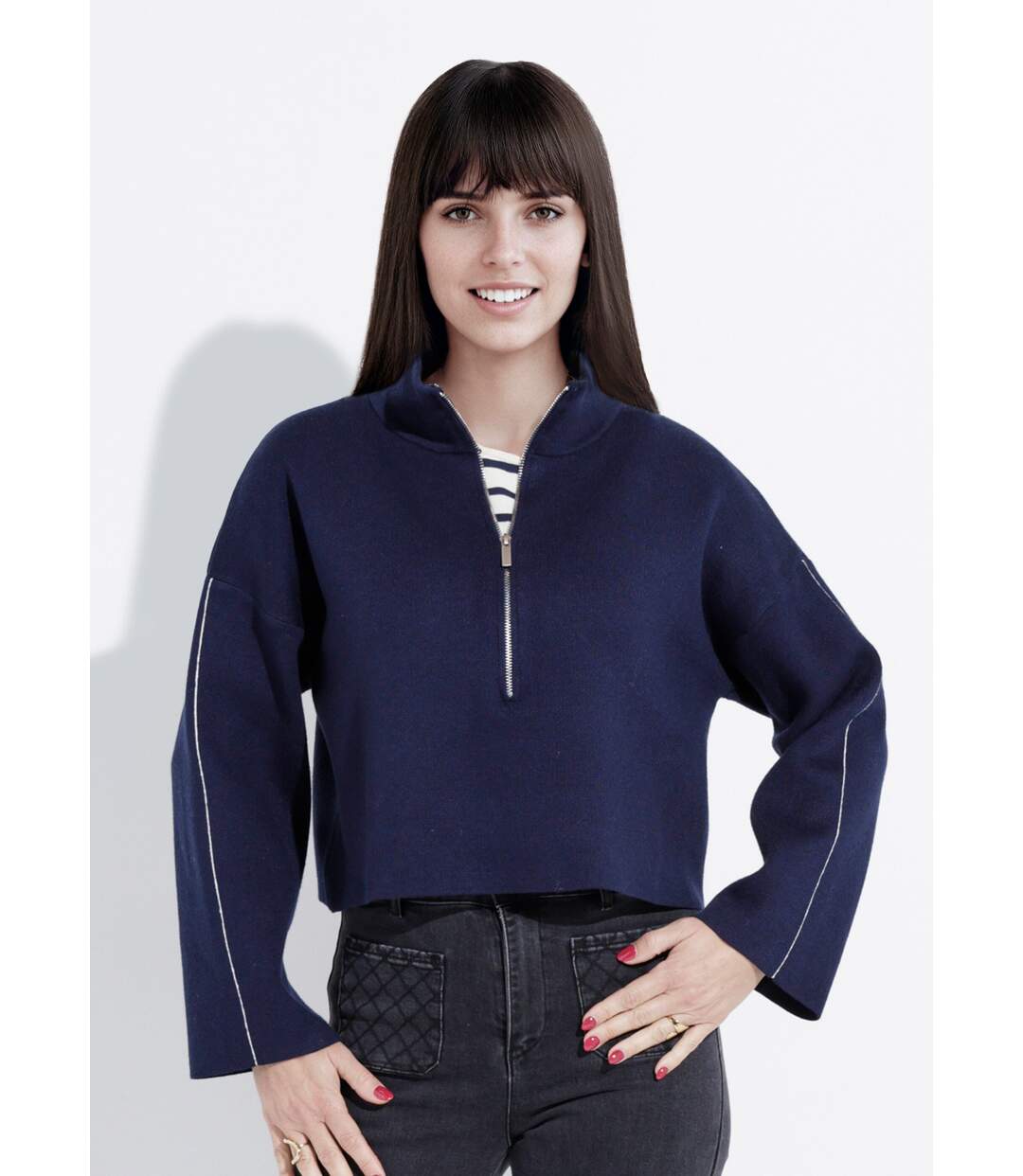 Pull court avec col montant zippé-1