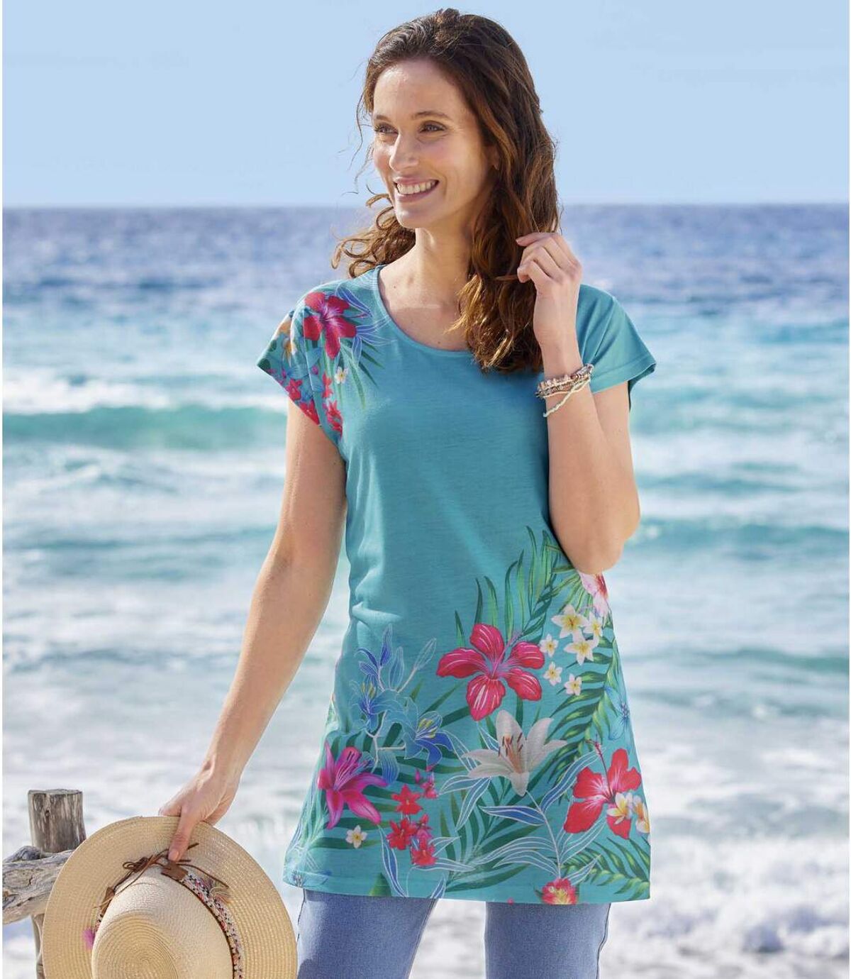 Women's Floral Longline T-Shirt - Turquoise Atlas For Men