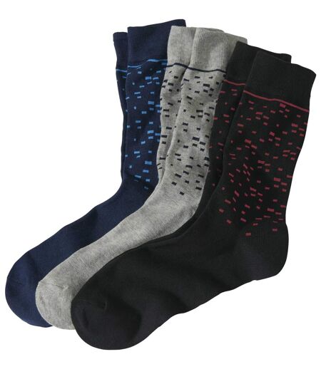 Pack of 3 Pairs of Men's Patterned Socks - Blue Grey Black