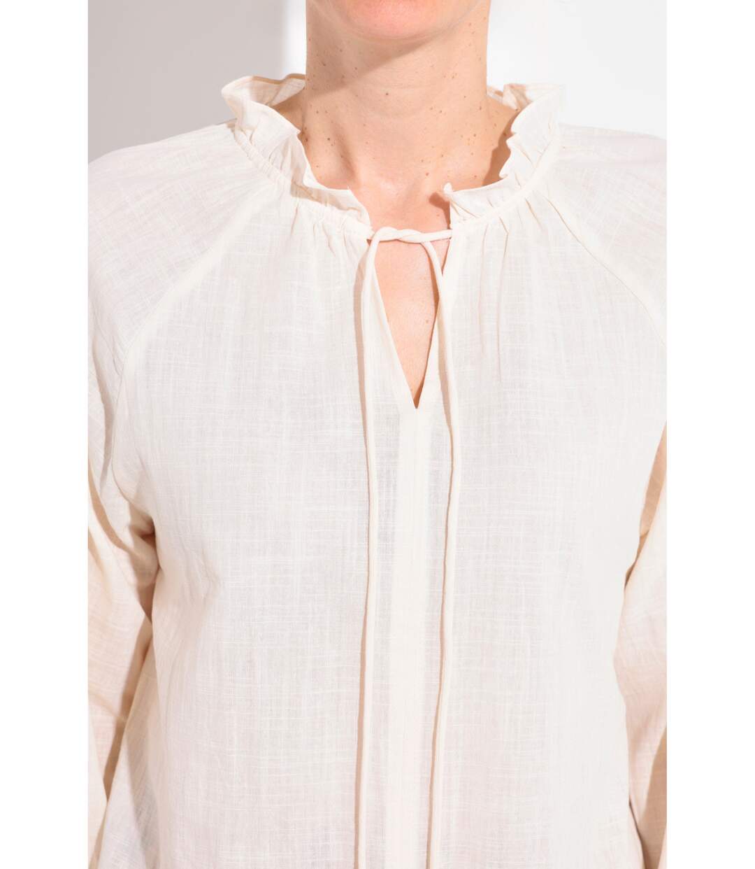 Blouse ample col V fantaisie lien à nouer-4