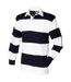 Front Row Sewn Stripe Long Sleeve Sports Rugby Polo Shirt (White & Navy (White collar))