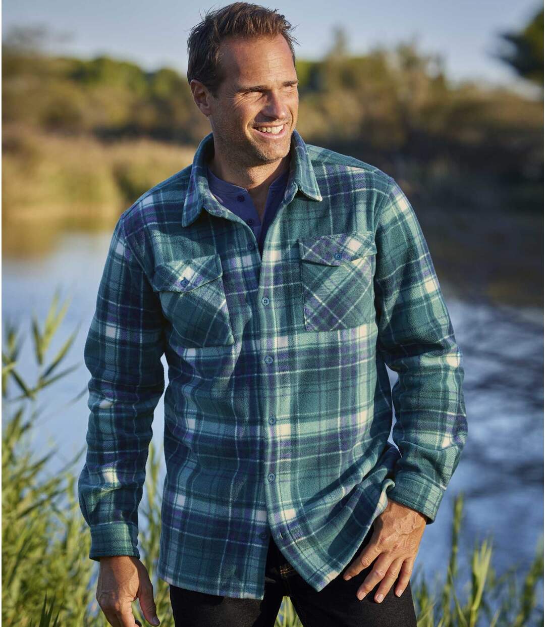 Men's Checked Fleece Overshirt - Green Blue-1