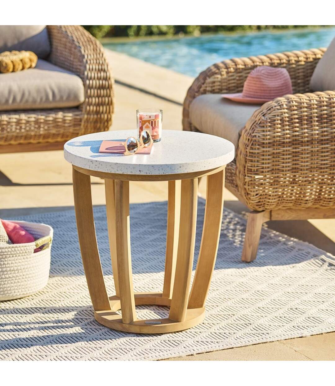 Table de jardin d'appoint ronde en bois et béton LEMINDO - Marron-2