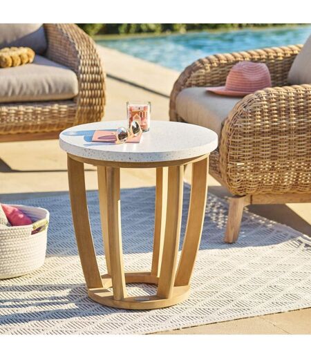 Table de jardin d'appoint ronde en bois et béton LEMINDO - Marron