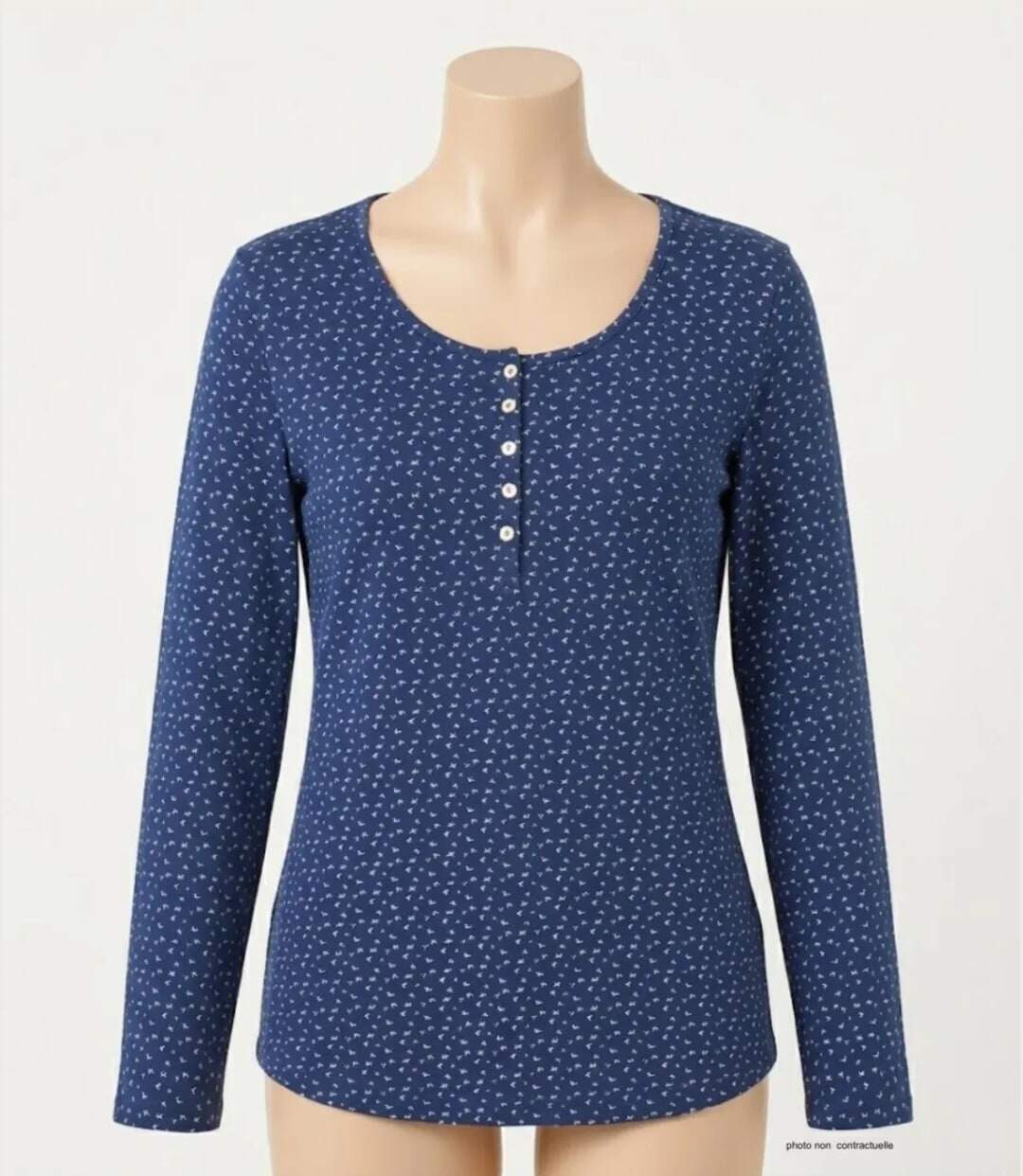 MAYFLOWER NOBEL3 : Tee-shirt manches longues bleu imprimé avec col rond boutonné-3