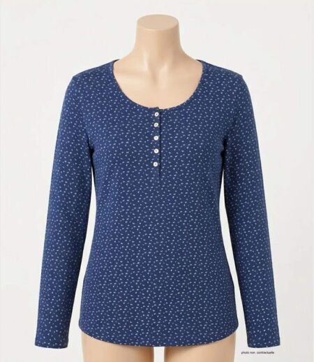 MAYFLOWER NOBEL3 : Tee-shirt manches longues bleu imprimé avec col rond boutonné