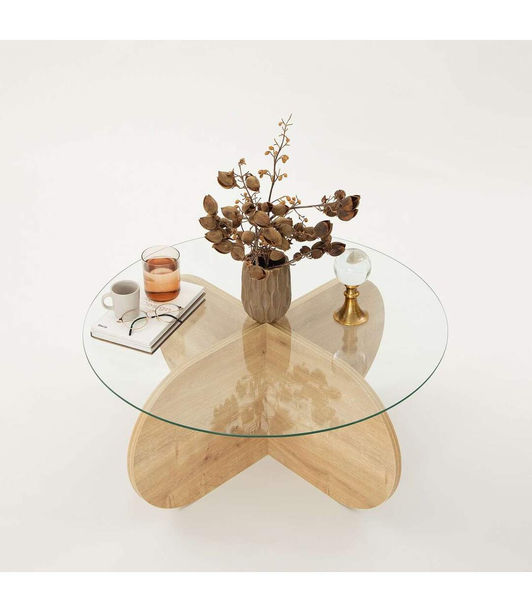 Table basse ronde Luminix en verre et bois - Beige-5