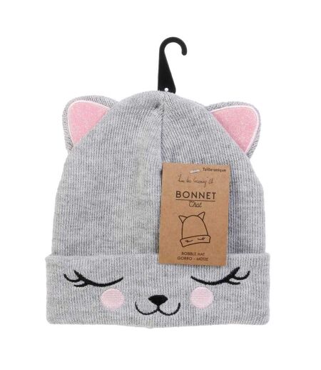 Bonnet Enfant Chat 21cm Gris & Rose