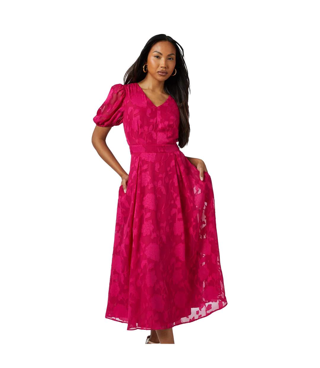 Womens/ladies Floral Jacquard Puff Sleeve Midi Dress Pink Principles-4