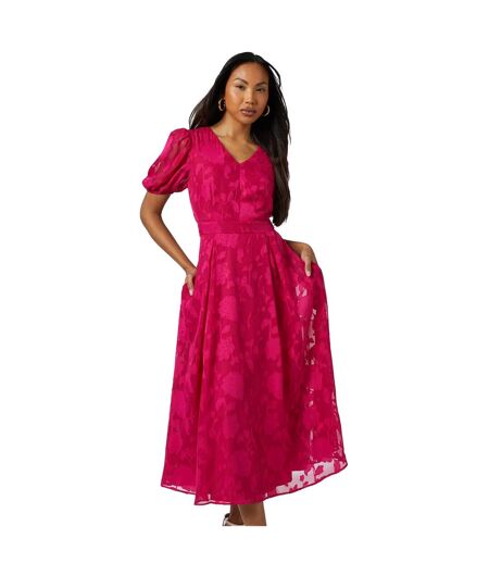 Womens/ladies Floral Jacquard Puff Sleeve Midi Dress Pink Principles